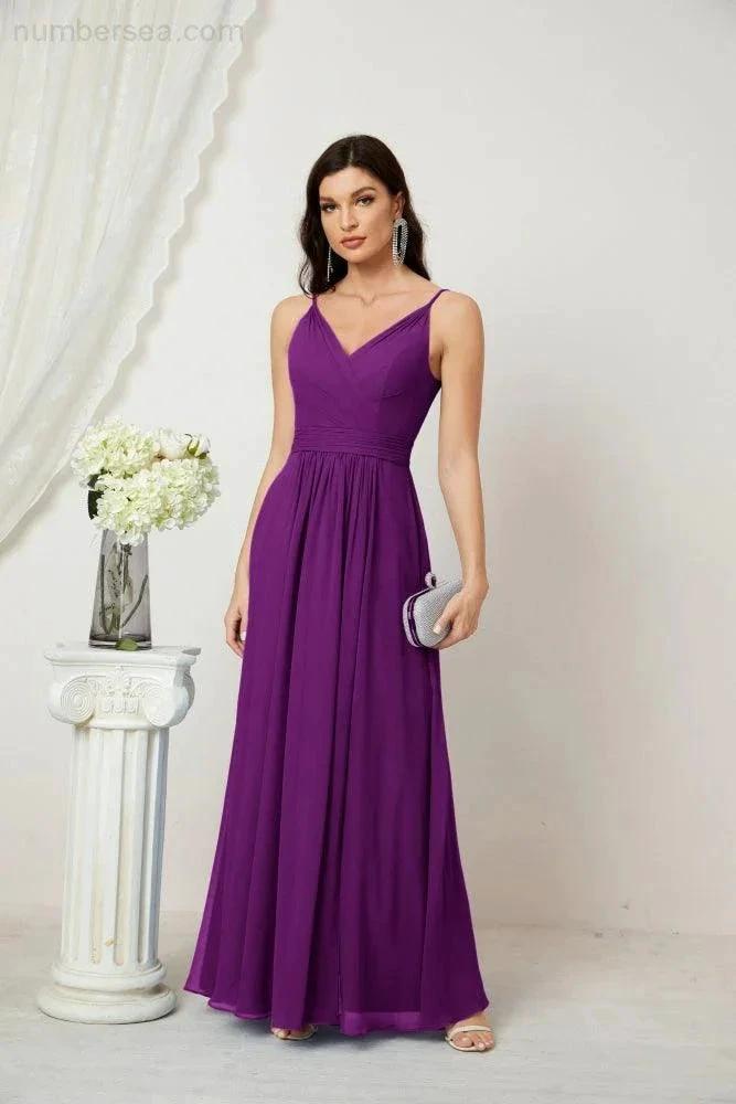 Numbersea Chiffon V-Neck Bridesmaid Dress Spaghetti Strap Long Formal Party Prom Gowns with Slit 28010 by numbersea
