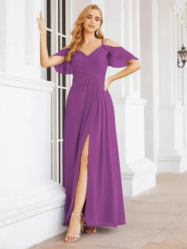 Numbersea Cold Shoulder Long Bridesmaid Dresses Side Slit Formal Prom Gowns Party Wedding 28070 by numbersea