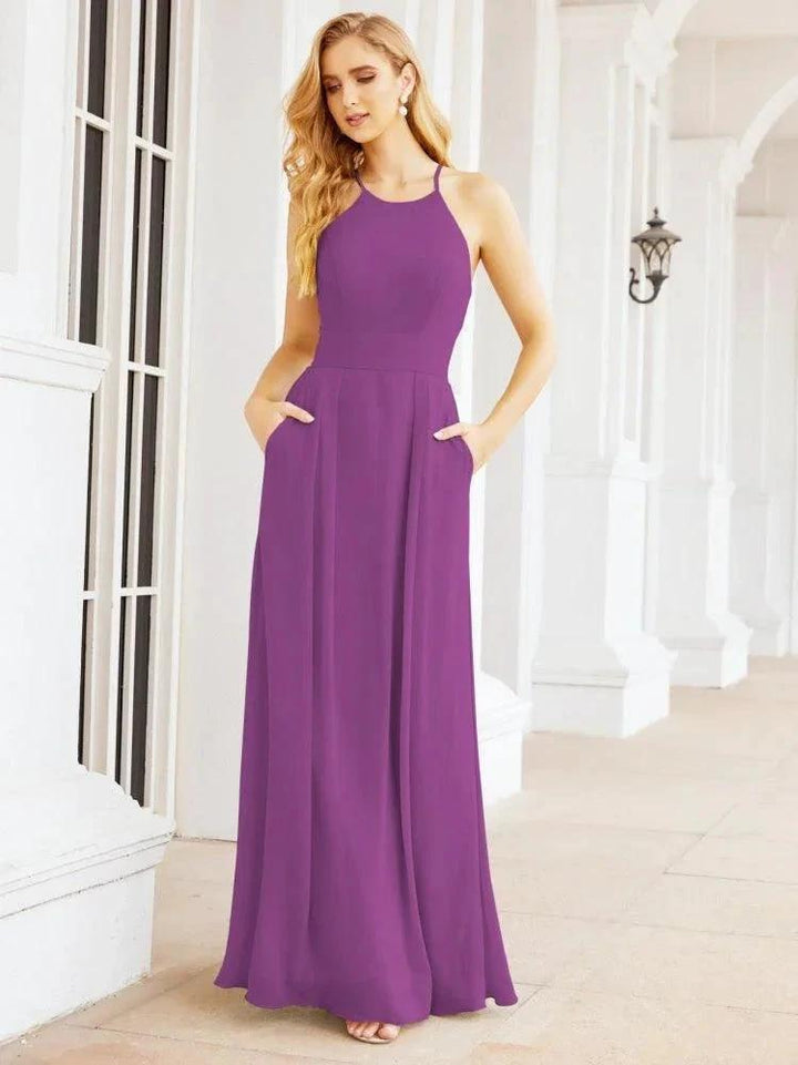 Numbersea Halter Bridesmaid Dresses with Pockets Sleeveless Formal Evening Party Prom Gowns 28055 by numbersea