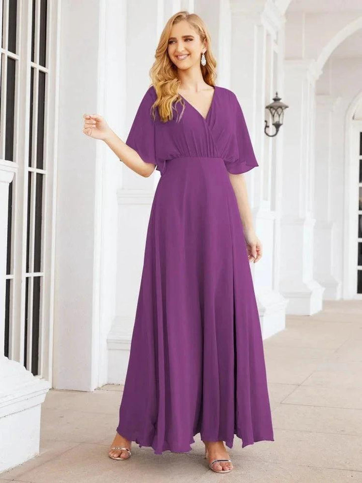 Numbersea V-Neck Bridesmaid Dress Chiffon Long Open Back Formal Dresses for Women Party Evening 28067 by numbersea