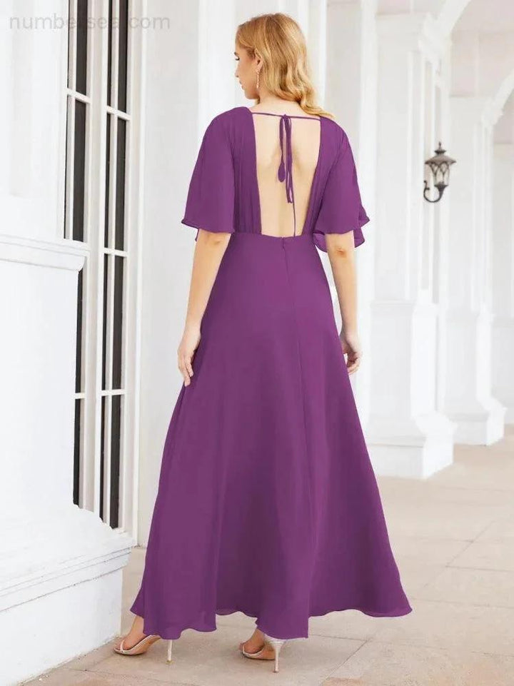 Numbersea V-Neck Bridesmaid Dress Chiffon Long Open Back Formal Dresses for Women Party Evening 28067 by numbersea