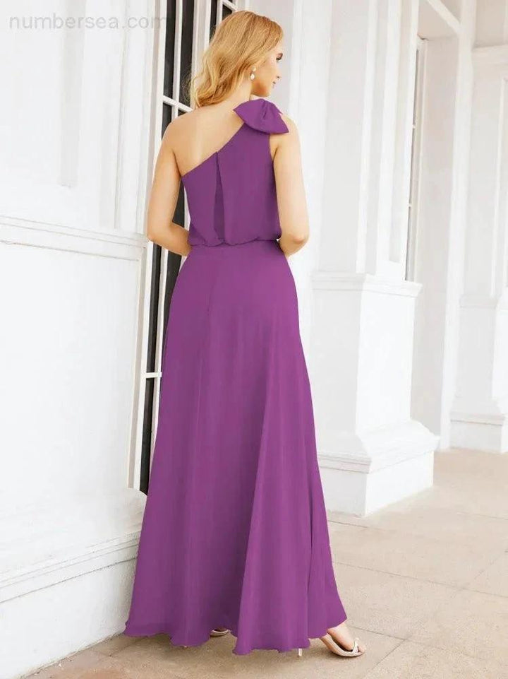 Numbersea Chiffon Ruffled One Shoulder Sleeveless Long Bride Dresses A-line Formal Evening Gown Side Split 28057 by numbersea