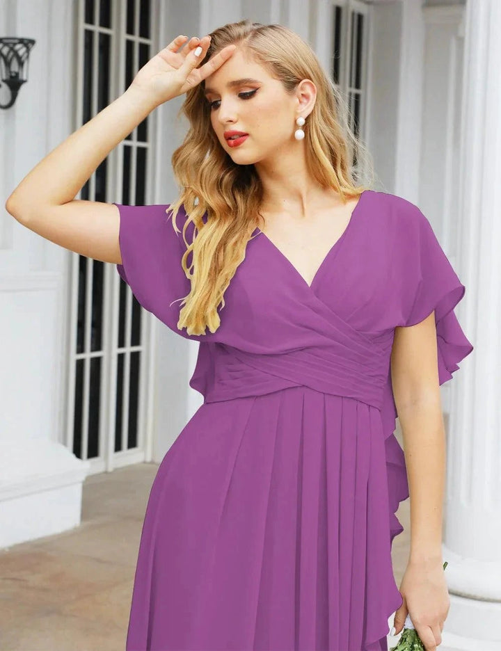Numbersea Chiffon Bridesmaid Dresses Long Formal Evening Prom Mother of The Bride Dress with Flutter Sleeve SEA28040 by numbersea