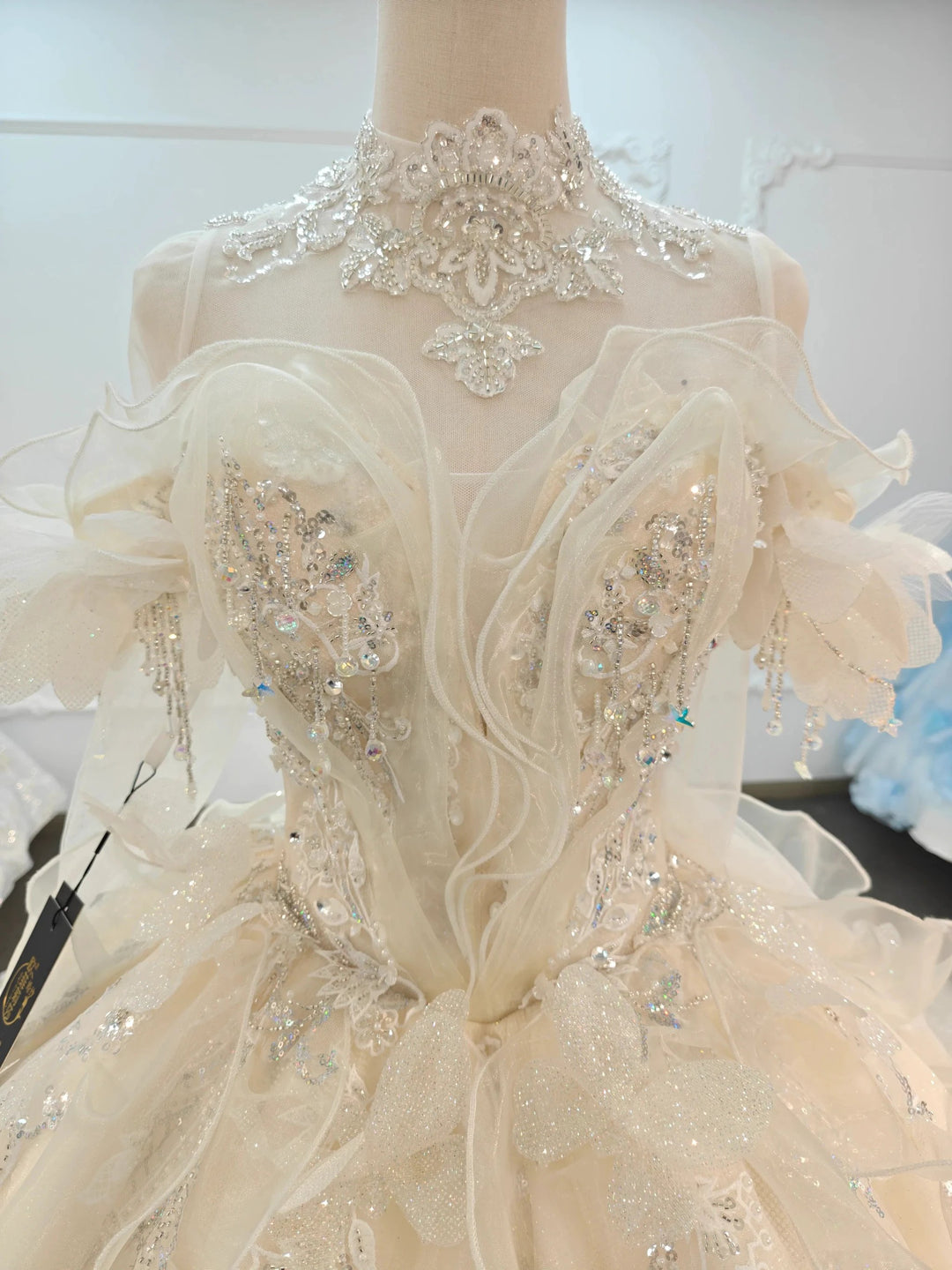 Exquisite High-Neck Tulle Ball Gown Wedding Dress with Crystal Embroidery &amp; Ruffled Detachable Sleeves Ye-2022 by ZAPDRESS
