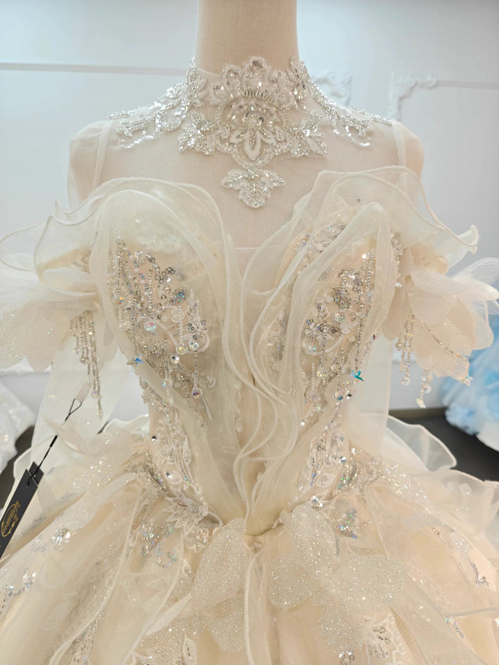 Exquisite High-Neck Tulle Ball Gown Wedding Dress with Crystal Embroidery &amp; Ruffled Detachable Sleeves Ye-2022 by ZAPDRESS