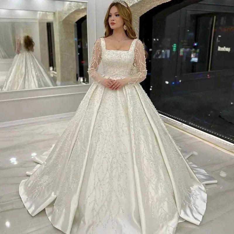 Luxury Wedding Dress Embroidered Lace Beading With Princess Ball Gown Square Collar Fullsleeve Bride Button Vestido De Novia by payinti