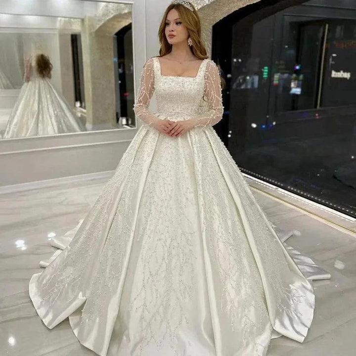Luxury Wedding Dress Embroidered Lace Beading With Princess Ball Gown Square Collar Fullsleeve Bride Button Vestido De Novia by payinti