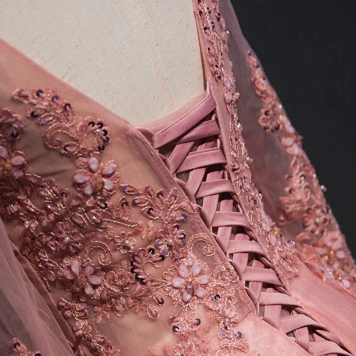 CHIC A-LINE SCOOP FLOOR LENGTH PINK TULLE APPLIQUE PROM DRESS EVENING DRESS Y1177 by simplepromdress