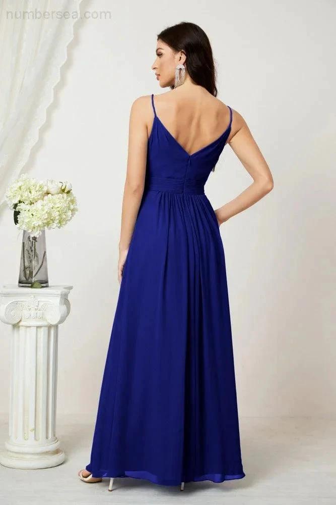 Numbersea Chiffon V-Neck Bridesmaid Dress Spaghetti Strap Long Formal Party Prom Gowns with Slit 28010 by numbersea
