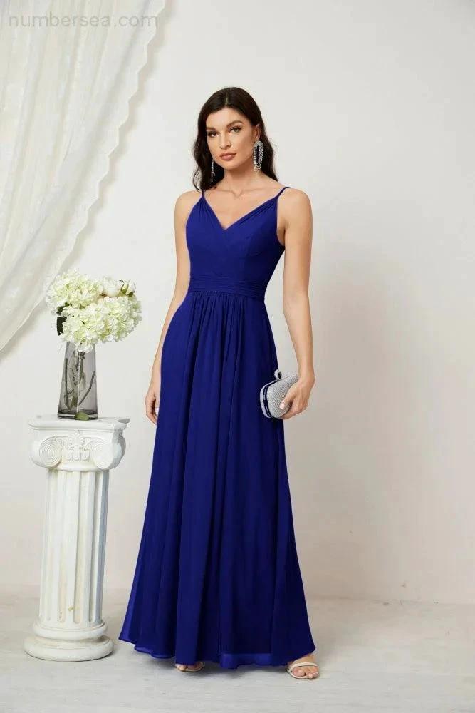Numbersea Chiffon V-Neck Bridesmaid Dress Spaghetti Strap Long Formal Party Prom Gowns with Slit 28010 by numbersea