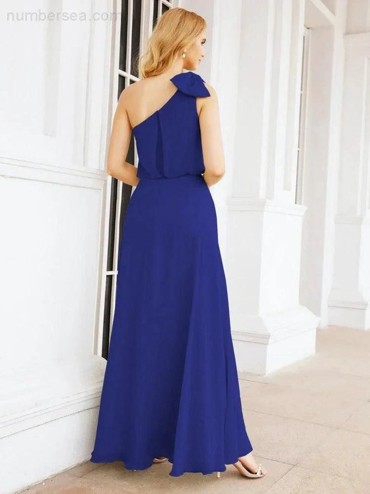 Numbersea Chiffon Ruffled One Shoulder Sleeveless Long Bride Dresses A-line Formal Evening Gown Side Split 28057 by numbersea
