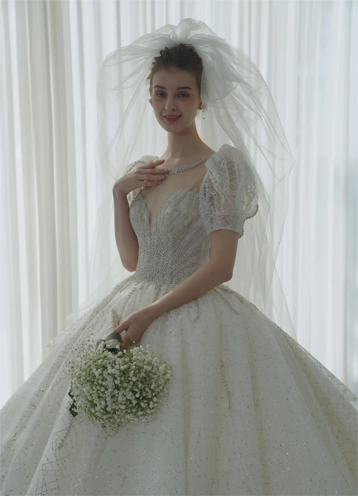 Glittering Ball Gown Deep V-Neck Tulle Wedding Dress with Beaded Embroidery &amp; Puff Sleeves 6021-1 by ZAPDRESS