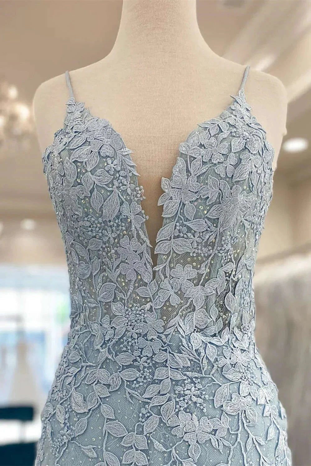 Cute Light Blue V Neck Lace Homecoming Dresses by Ombreprom
