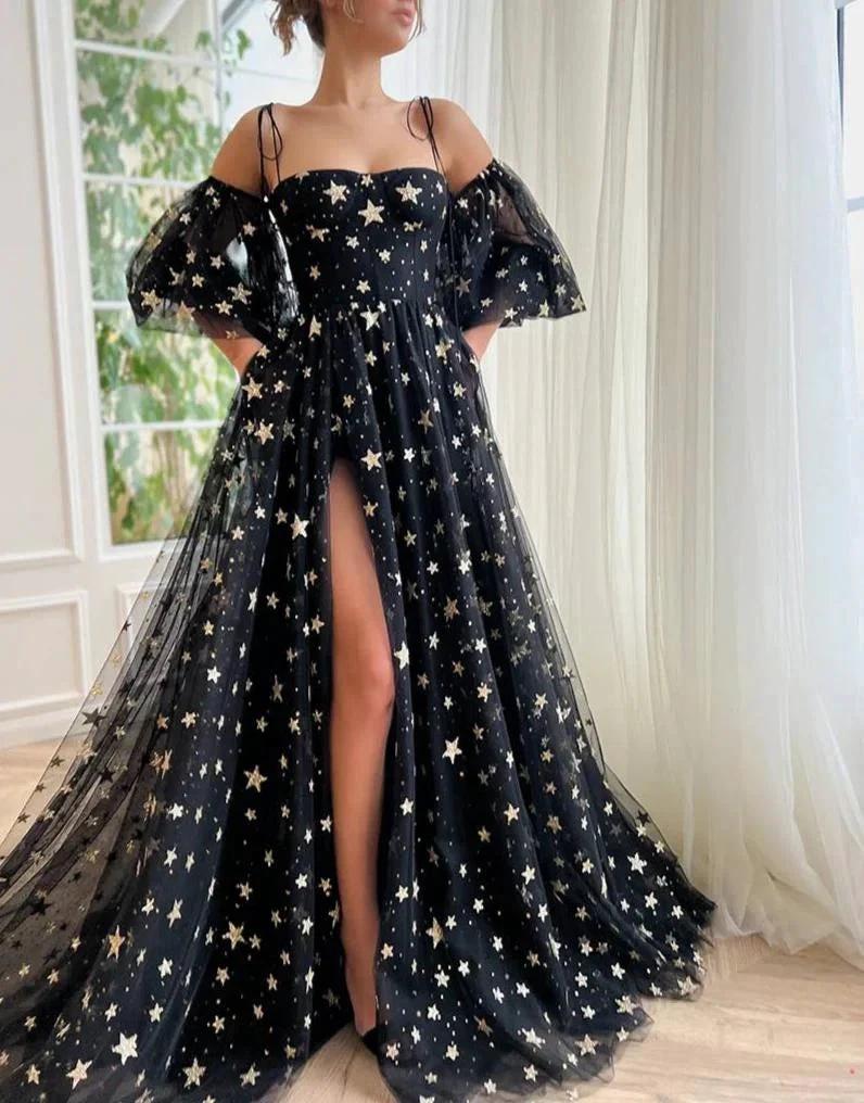 Tara | Side Slit Black Prom Dress with Stars by KissProm