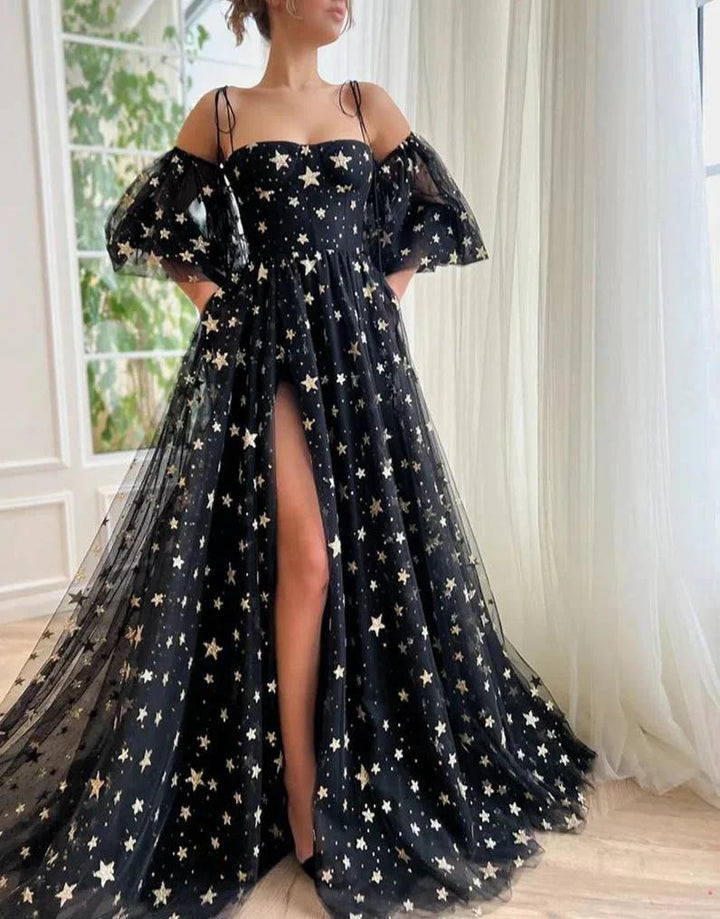 Tara | Side Slit Black Prom Dress with Stars by KissProm