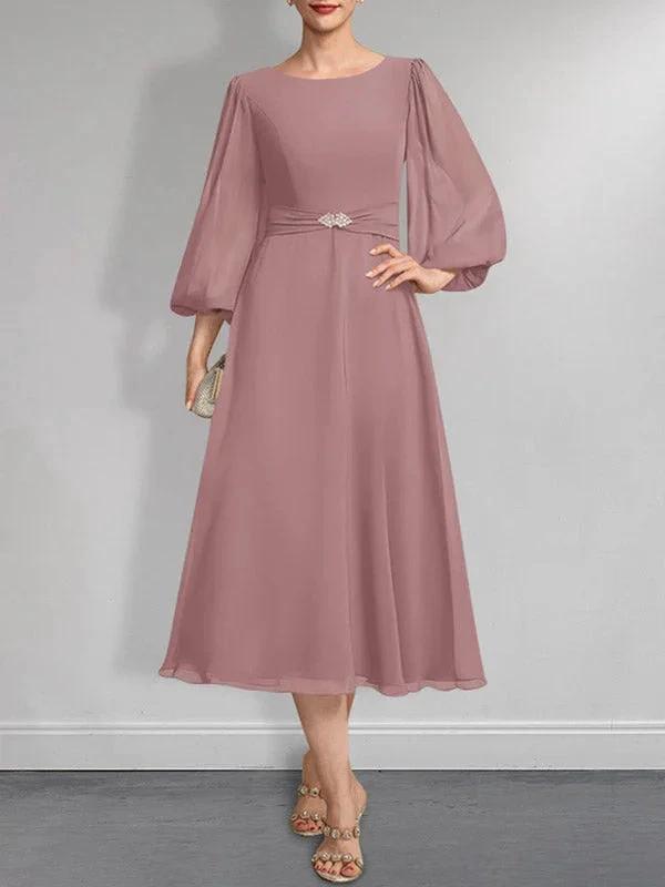 A-line Scoop Tea-Length Chiffon Mother of the Bride Dress With Crystal Brooch Pleated by Dreamylily