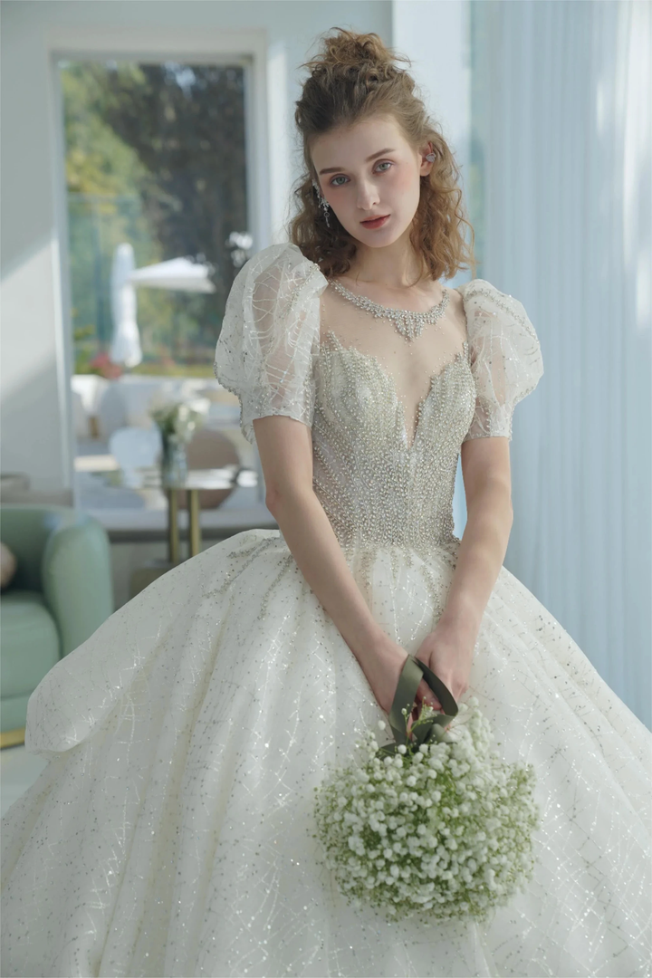 Glittering Ball Gown Deep V-Neck Tulle Wedding Dress with Beaded Embroidery &amp; Puff Sleeves 6021-1 by ZAPDRESS