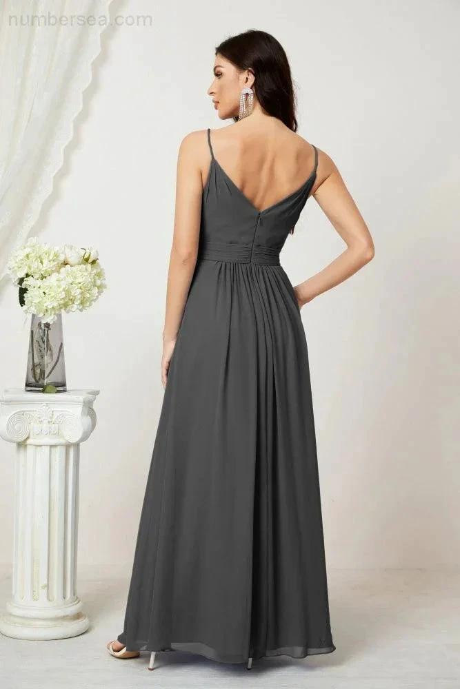 Numbersea Chiffon V-Neck Bridesmaid Dress Spaghetti Strap Long Formal Party Prom Gowns with Slit 28010 by numbersea