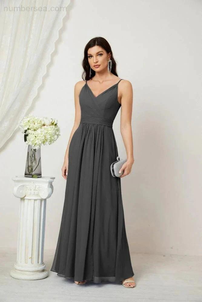 Numbersea Chiffon V-Neck Bridesmaid Dress Spaghetti Strap Long Formal Party Prom Gowns with Slit 28010 by numbersea