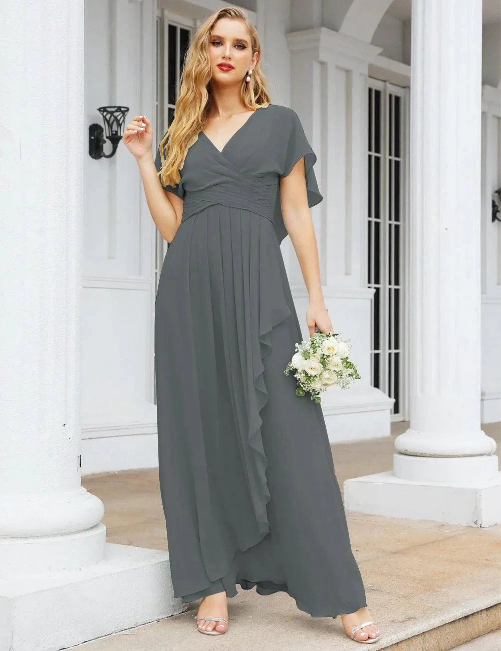 Numbersea Chiffon Bridesmaid Dresses Long Formal Evening Prom Mother of The Bride Dress with Flutter Sleeve SEA28040 by numbersea