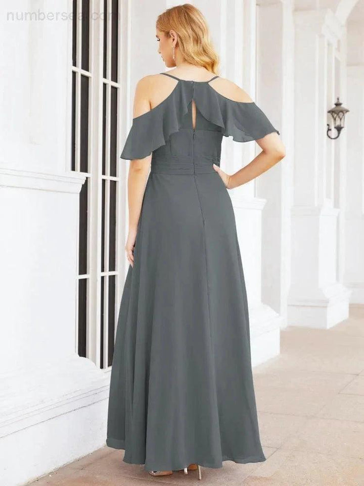 Numbersea Cold Shoulder Long Bridesmaid Dresses Side Slit Formal Prom Gowns Party Wedding 28070 by numbersea