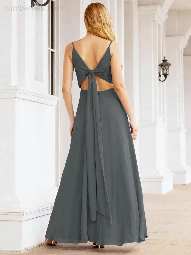 Numbersea Spaghetti Strap Bridesmaid Dresses V Neck Butterfly Back Fromal Evening Party Prom Gown 28036 by numbersea