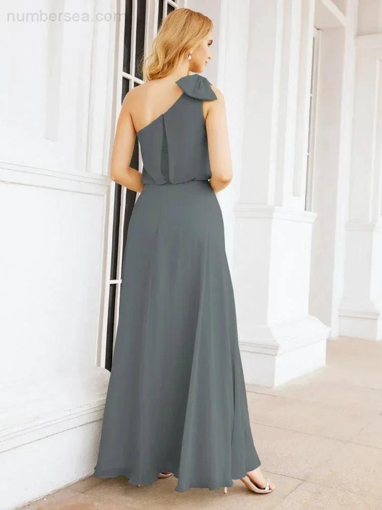 Numbersea Chiffon Ruffled One Shoulder Sleeveless Long Bride Dresses A-line Formal Evening Gown Side Split 28057 by numbersea