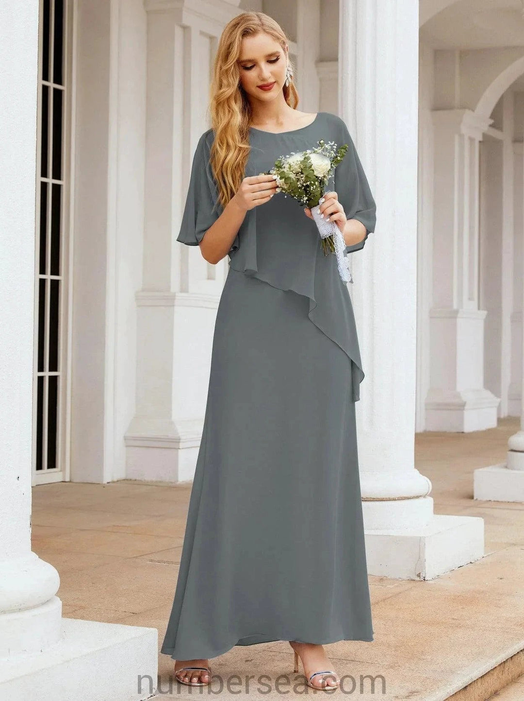 Sunnderly Formal Party Gown Dress Long Mother of The Bride Dresses with Ruffle Cape SY28026 by numbersea
