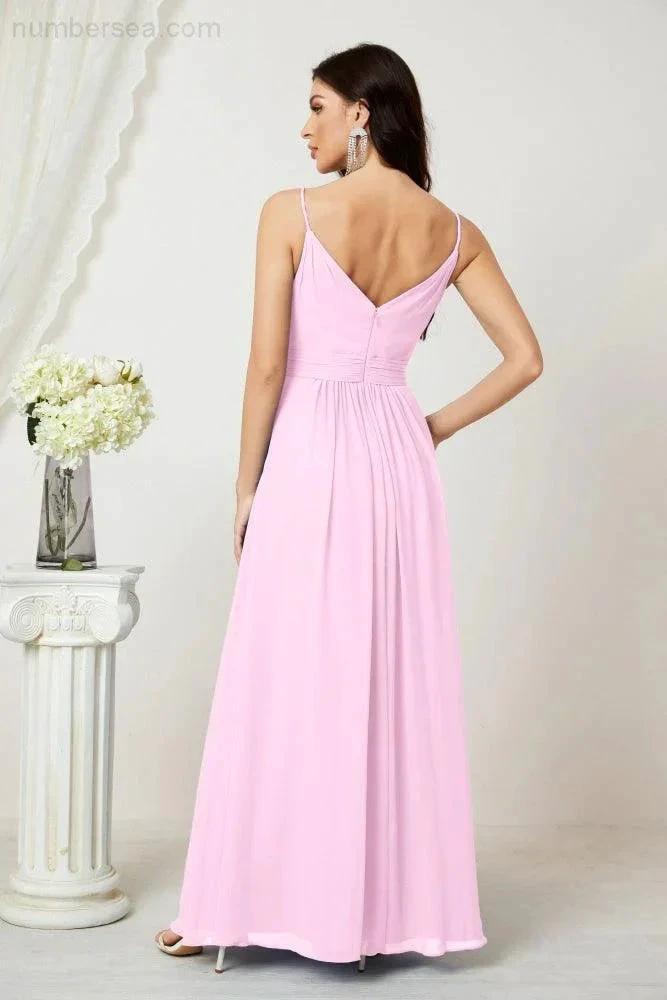 Numbersea Chiffon V-Neck Bridesmaid Dress Spaghetti Strap Long Formal Party Prom Gowns with Slit 28010 by numbersea