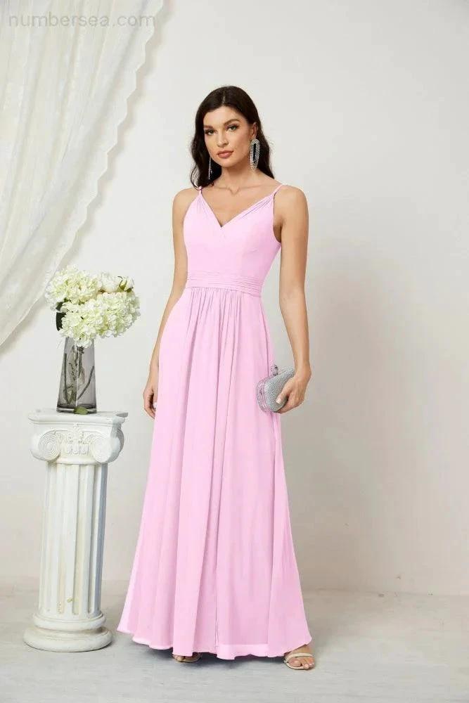 Numbersea Chiffon V-Neck Bridesmaid Dress Spaghetti Strap Long Formal Party Prom Gowns with Slit 28010 by numbersea