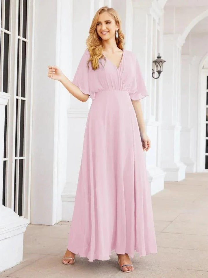 Numbersea V-Neck Bridesmaid Dress Chiffon Long Open Back Formal Dresses for Women Party Evening 28067 by numbersea
