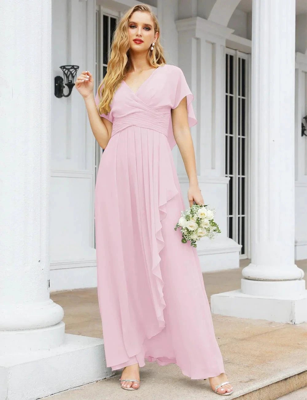 Numbersea Chiffon Bridesmaid Dresses Long Formal Evening Prom Mother of The Bride Dress with Flutter Sleeve SEA28040 by numbersea