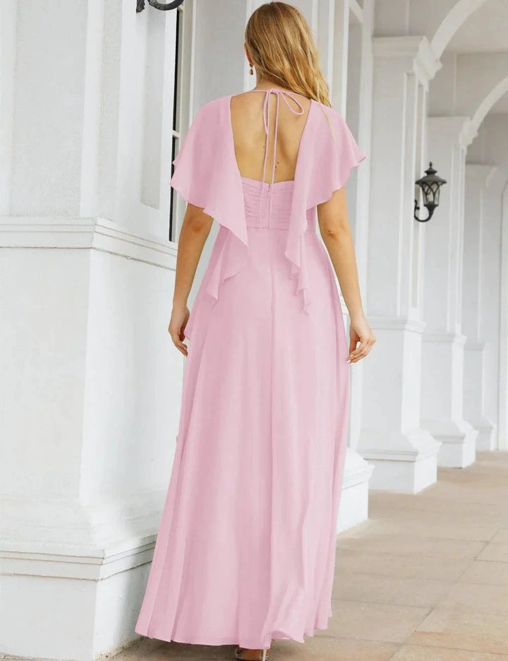 Numbersea Chiffon Bridesmaid Dresses Long Formal Evening Prom Mother of The Bride Dress with Flutter Sleeve SEA28040 by numbersea