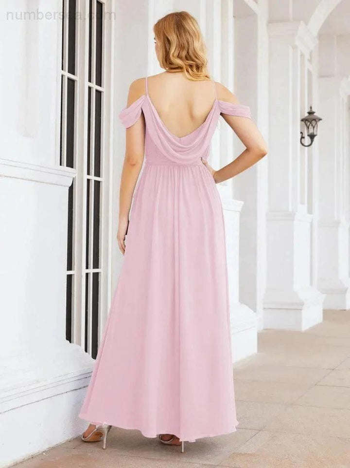 Numbersea Off The Shoulder Chiffon Bridesmaid Dress Long Formal Graduation Gown with Cowl Back 28069 by numbersea