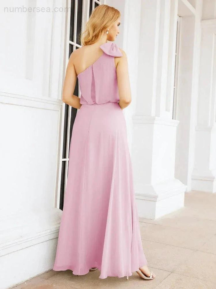 Numbersea Chiffon Ruffled One Shoulder Sleeveless Long Bride Dresses A-line Formal Evening Gown Side Split 28057 by numbersea