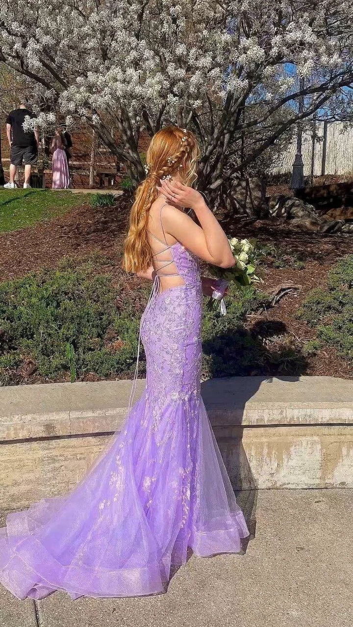 Lavender Spaghetti Straps Mermaid Lace Prom Dress Applique Tulle Long Evening Gown Y1514 by simplepromdress