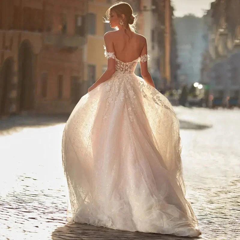 Classical Sweetheart A Line Wedding Dress Backless Lace Appliques Off The Shoulder Bridal Gowns Sweep Train by payinti