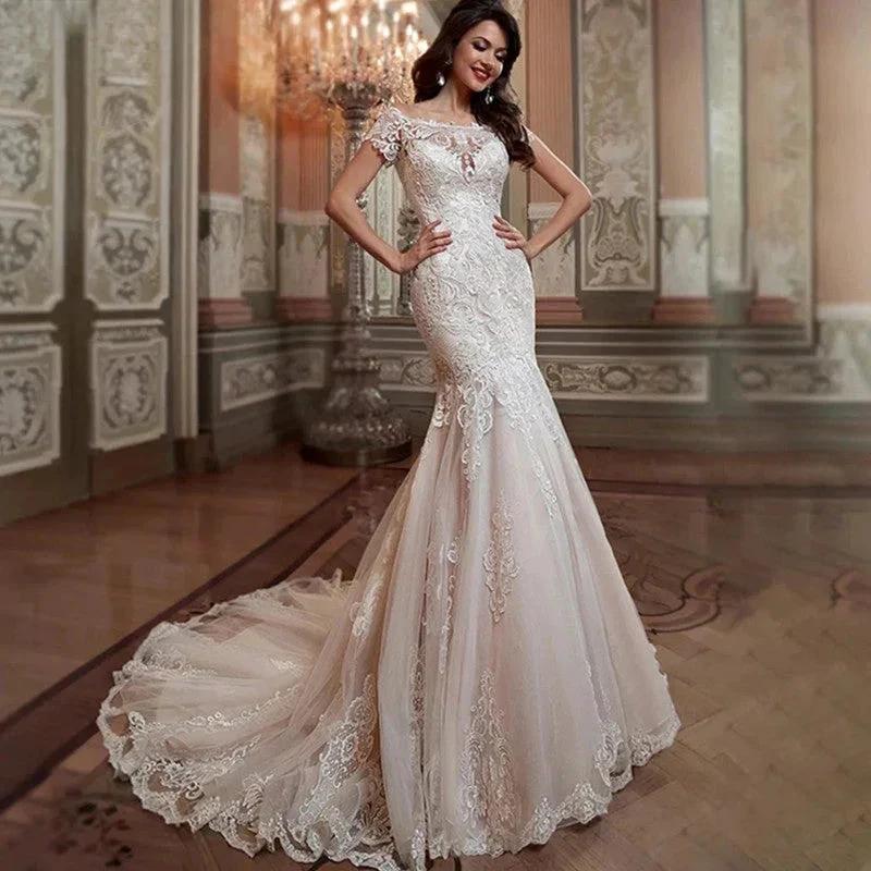 Luxury Mermaid Wedding Dress Short Sleeves Lace Appliques Elegant Boat Neck Bride Gown Illusion Backless Button Train by payinti