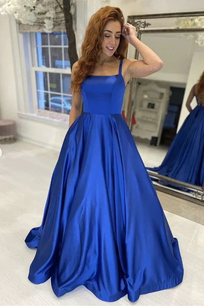 Simple A Line Royal Blue Satin Long Prom Dress, Long Blue Formal Graduation Evening Dress Y225 by simplepromdress