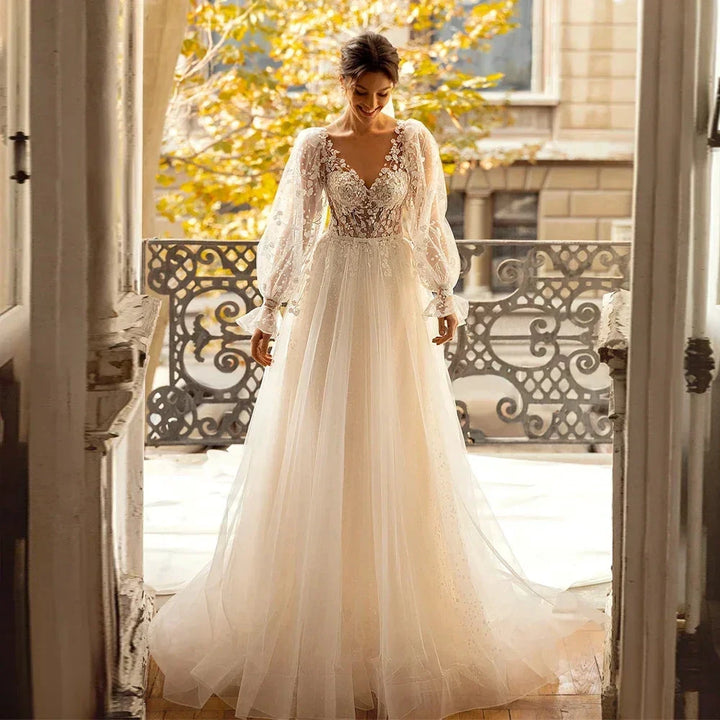 3D Flower Wedding Dress Lace Long Sleeve Women&