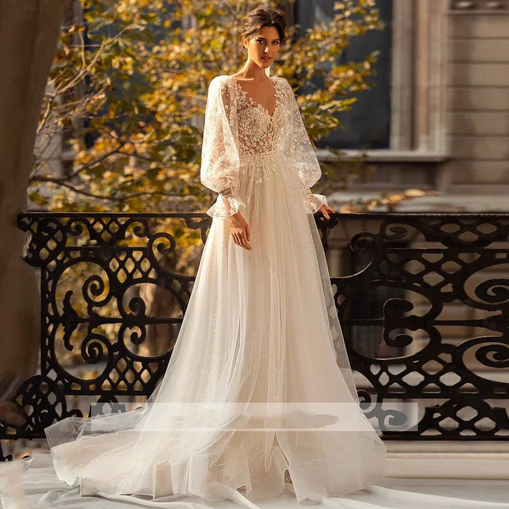 3D Flower Wedding Dress Lace Long Sleeve Women&