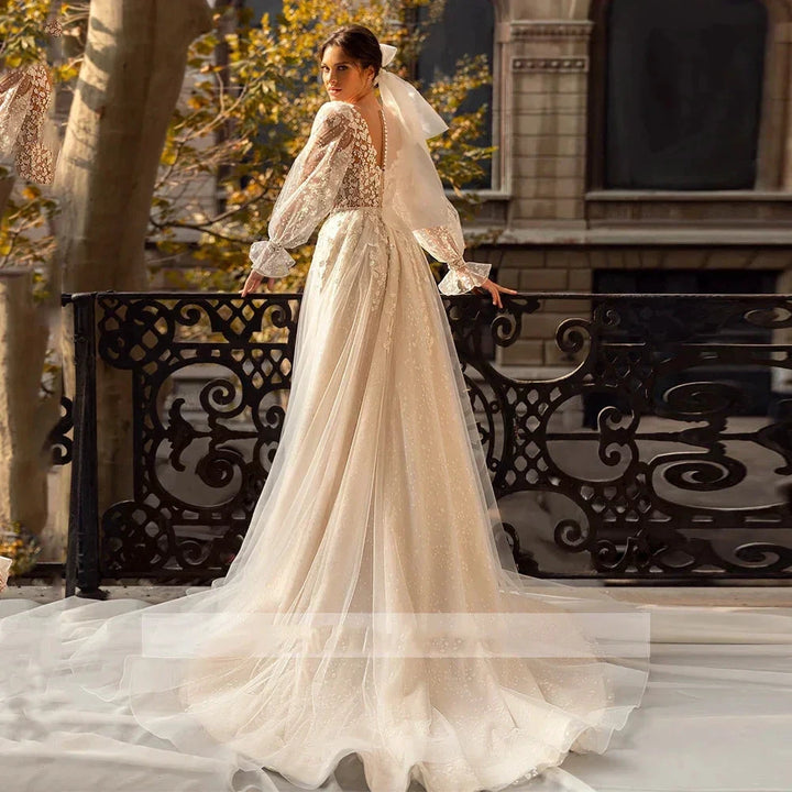 3D Flower Wedding Dress Lace Long Sleeve Women&