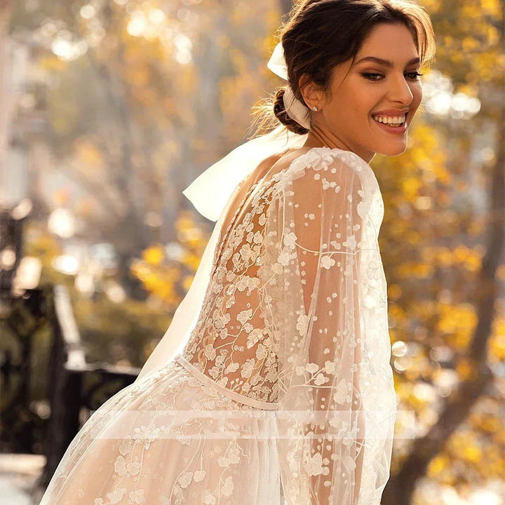 3D Flower Wedding Dress Lace Long Sleeve Women&