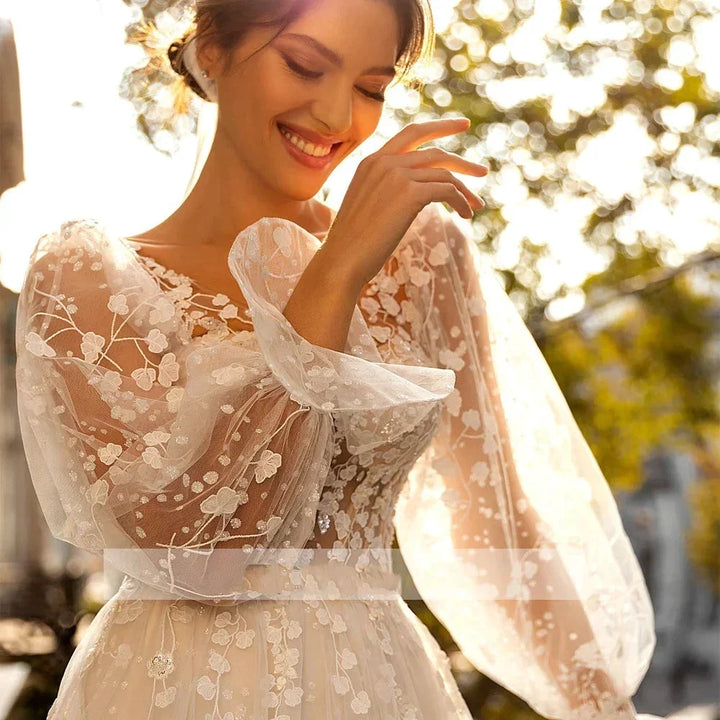 3D Flower Wedding Dress Lace Long Sleeve Women&