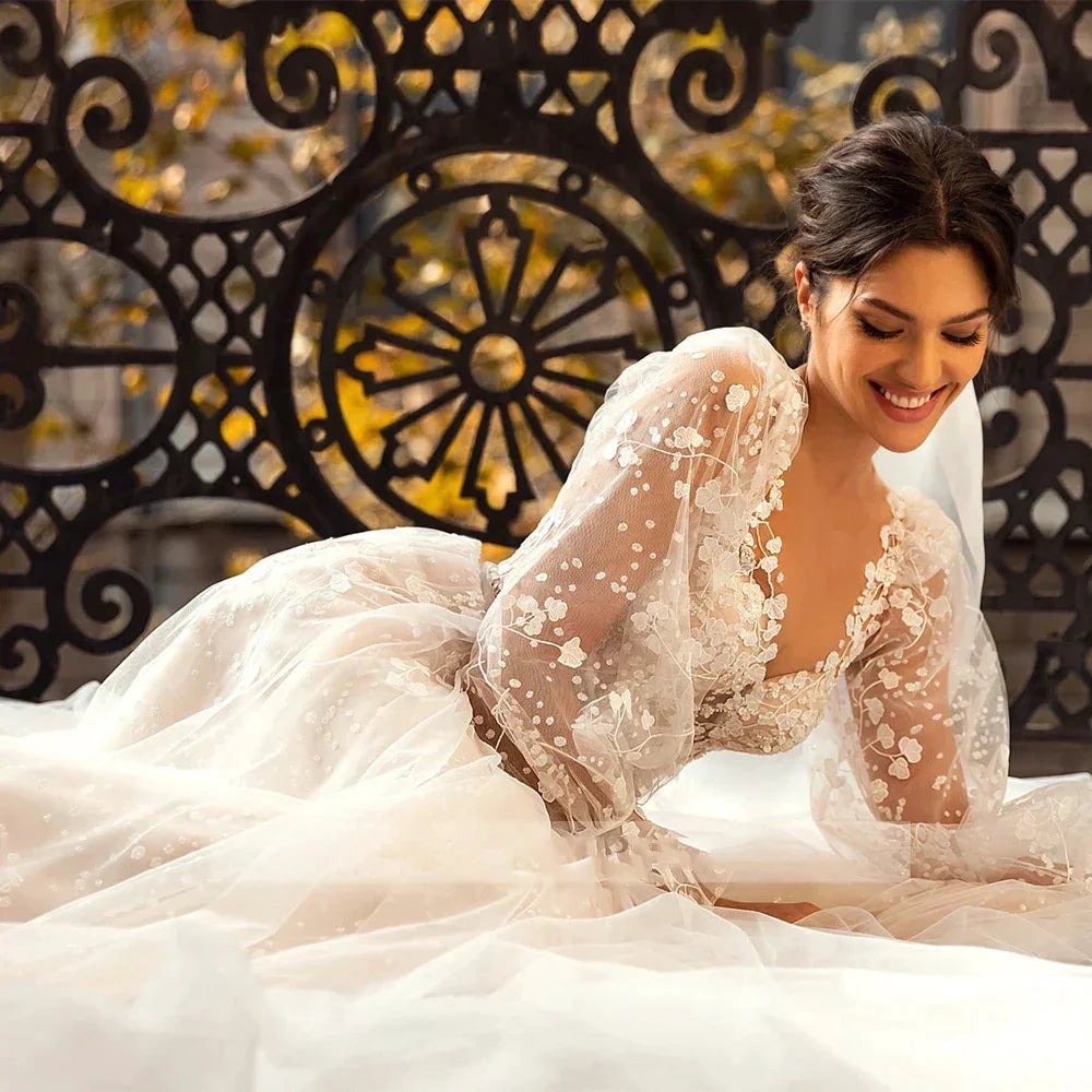 3D Flower Wedding Dress Lace Long Sleeve Women&