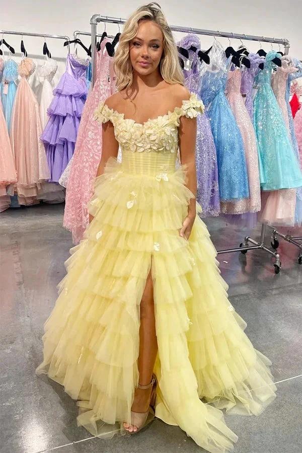 3D Floral Lace Off-the-Shoulder Ruffle Tiered Prom Dress PSK563 by pgmdress