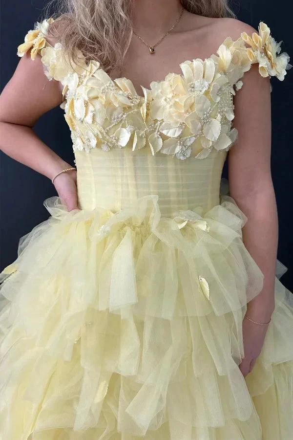3D Floral Lace Off-the-Shoulder Ruffle Tiered Prom Dress PSK563 by pgmdress