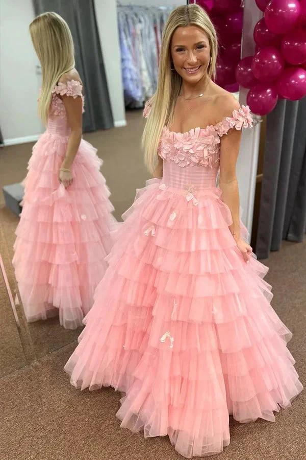 3D Floral Lace Off-the-Shoulder Ruffle Tiered Prom Dress PSK563 by pgmdress
