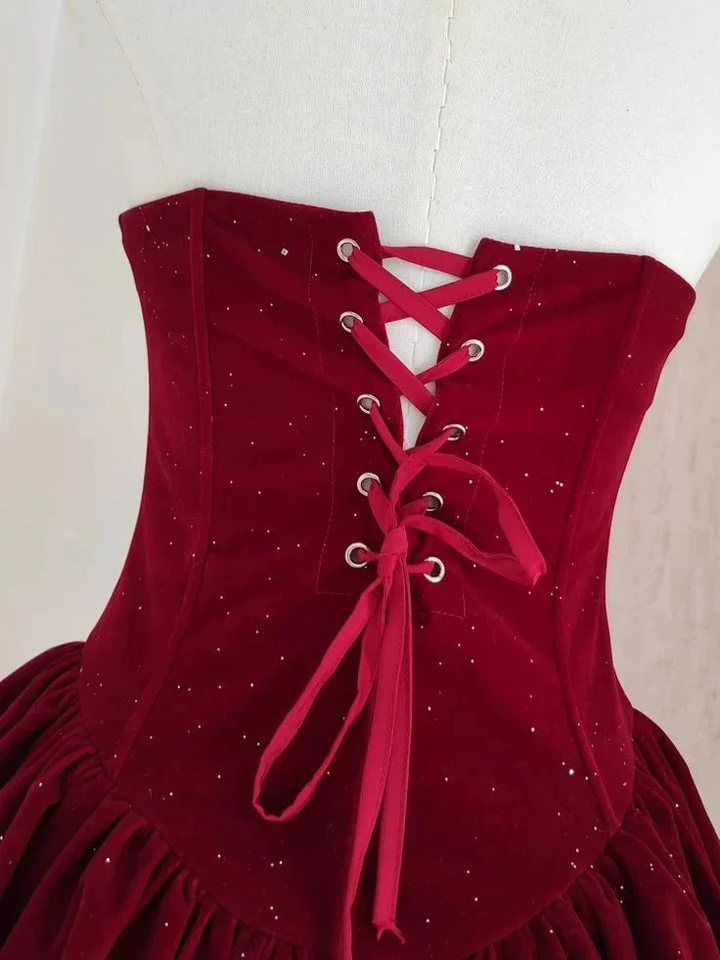 Cute A Line Strapless Burgundy Velvet Ruffles Homecoming Dress Y7972 by simplepromdress