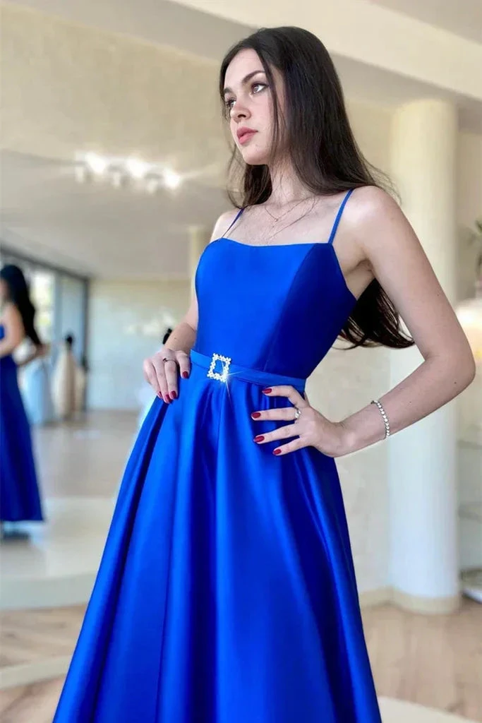Backless Royal Blue Satin Long Prom Dress with High Slit, Backless Blue Formal Graduation Evening Dress Y203 by simplepromdress